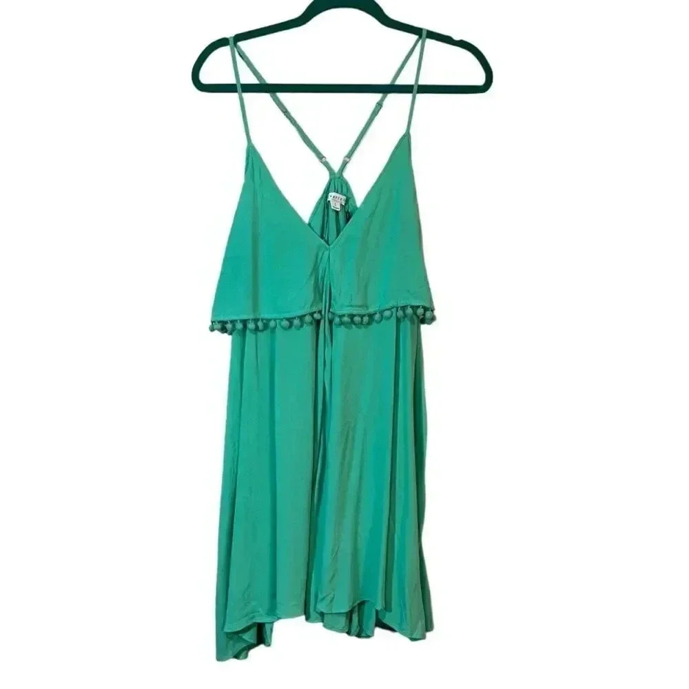 Loveriche size L NWT aqua green tank dress w/spaghetti straps and Pom-Pom trim - Picture 8 of 10